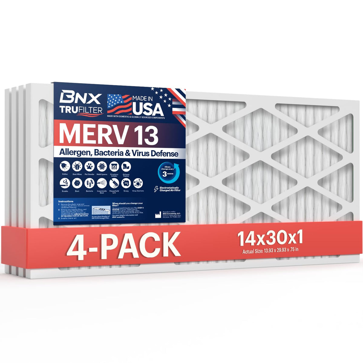 BNX TruFilter 20x20x1 Air Filter MERV 13 Smoke, Allergy, Pet Defense 6-Pack