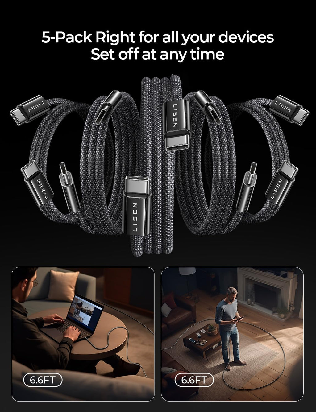 LISEN USB C to USB C Cable Charger 60W 4-Pack [0.5/1/2/2M] USBC to USBC