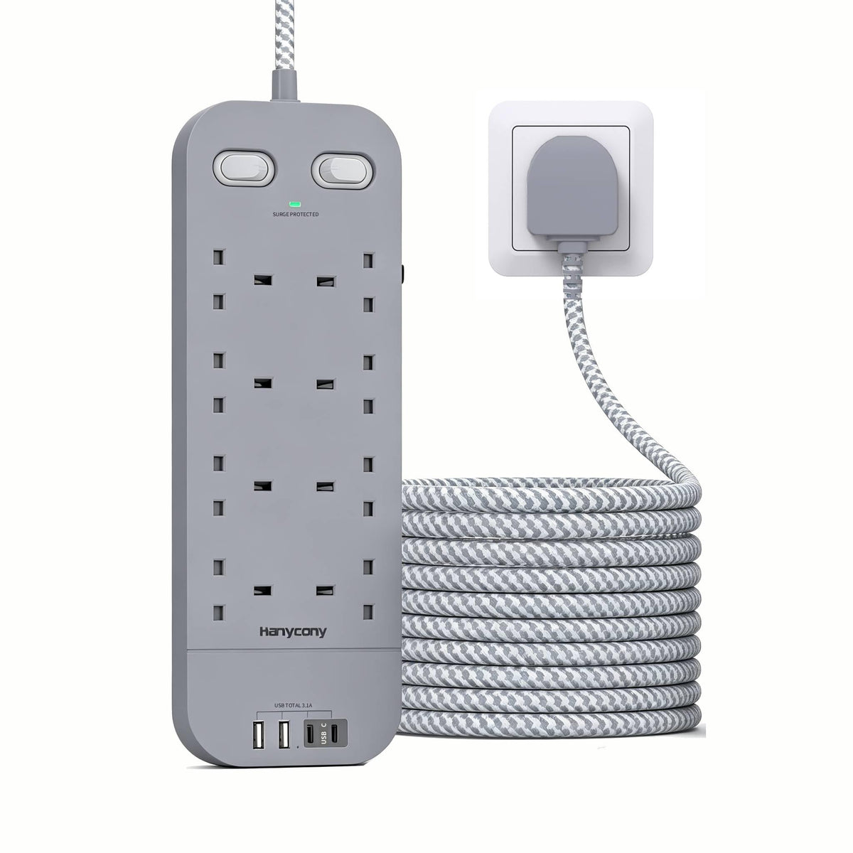 Black Extension Lead, 8 Way Outlets Power Strip with 4 USB Slots (2 USBC)
