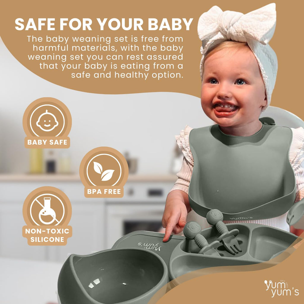 Yum Yum's Baby 10 Pcs Blue Weaning Set - Complete Toddler Feeding Kit w/Sectioned Plate, Suction Bowls, Cutlery with Mouth Guard, Straw Cup, Bib & Mat - Non-Slip - for Toddlers & Baby Gift