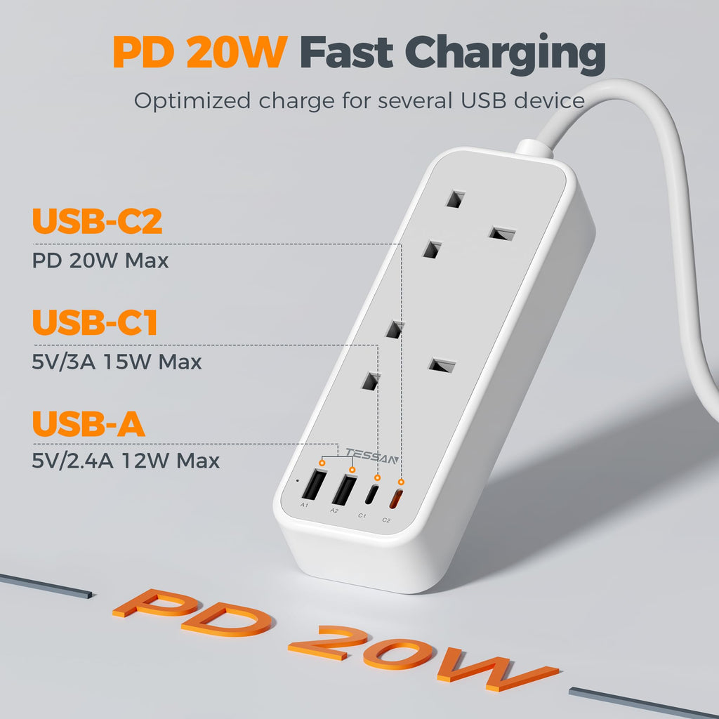 TESSAN 10M Long Extension Lead with PD 20W USB C Charger (4 USB Slots)