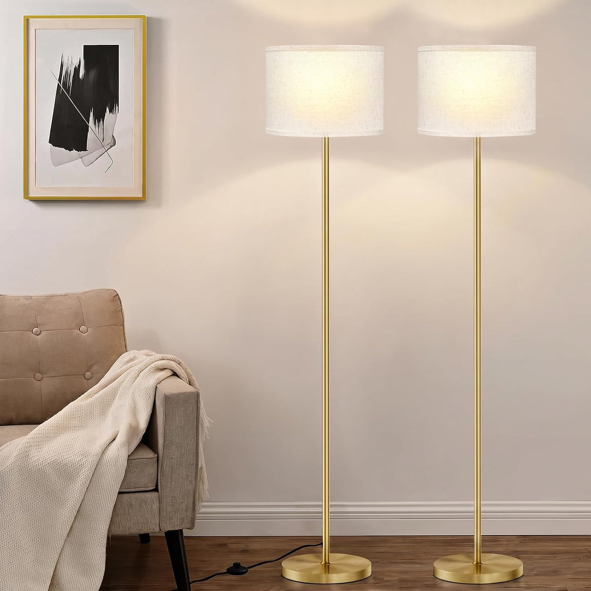 Ambimall Floor Lamp for Living Room with Smart Light Bulb, RGB + Stepless Dimmable Colors Temperature & Brightness(White Shade & Black Pole)