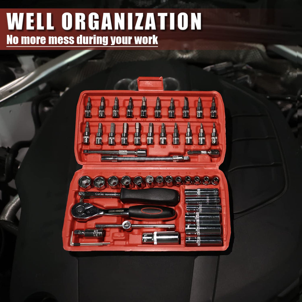 Egofine 46 Pieces 1/4 inch Drive Socket Ratchet Wrench Set, with Bit Socket Set Metric and Extension Bar for Auto Repairing and Household, with Storage Case