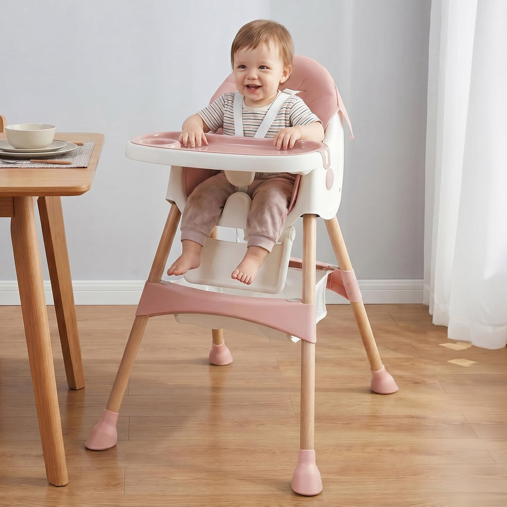 Baby High Chair Foldable Highchair, High Chairs for Babies and Toddlers Adjustable Height & Reclining Seat Detachable Double Tray, Ergonomic Feeding Portable Highchairs for Newborn 6 Months to 5 Years