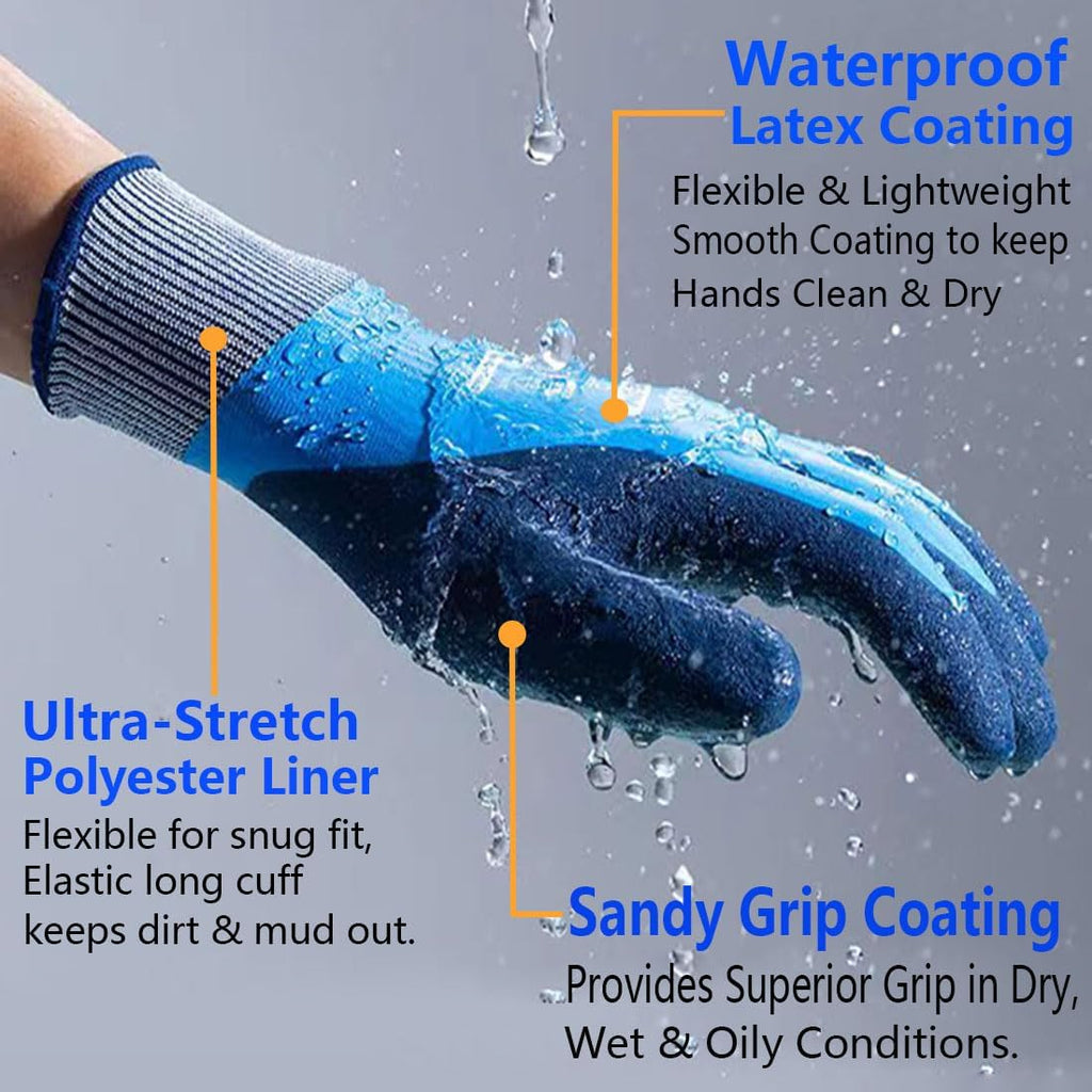 2 Pairs Waterproof Work Gloves Ultra-Grip Latex Coated Gardening Gloves, Durable and Versatile for Garden Car Fishing Outdoor Tasks