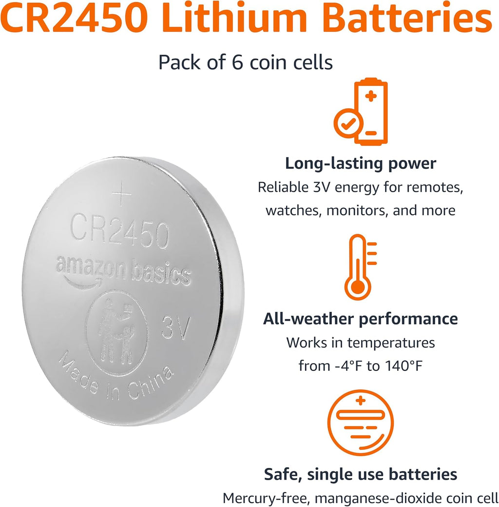 Amazon Basics 6-Pack CR2450 Lithium Coin Cell Battery, 3 V, Long-Lasting Power, Mercury-Free, Child-Safe Package (Use Scissors to Open)