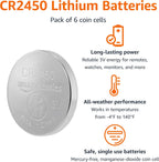 Amazon Basics 6-Pack CR2450 Lithium Coin Cell Battery, 3 V, Long-Lasting Power, Mercury-Free, Child-Safe Package (Use Scissors to Open)