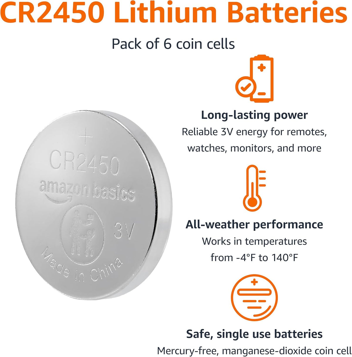 Amazon Basics 6-Pack CR2450 Lithium Coin Cell Battery, 3 V, Long-Lasting Power, Mercury-Free, Child-Safe Package (Use Scissors to Open)