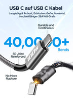USB-C to C 1M 100W PD3.0 Fast Charging Cable - Compatible with MacBook Pro, iPad Air, iPhone 15, Samsung S23/S22/S21 Ultra, Pixel 7/6, Switch, PS5