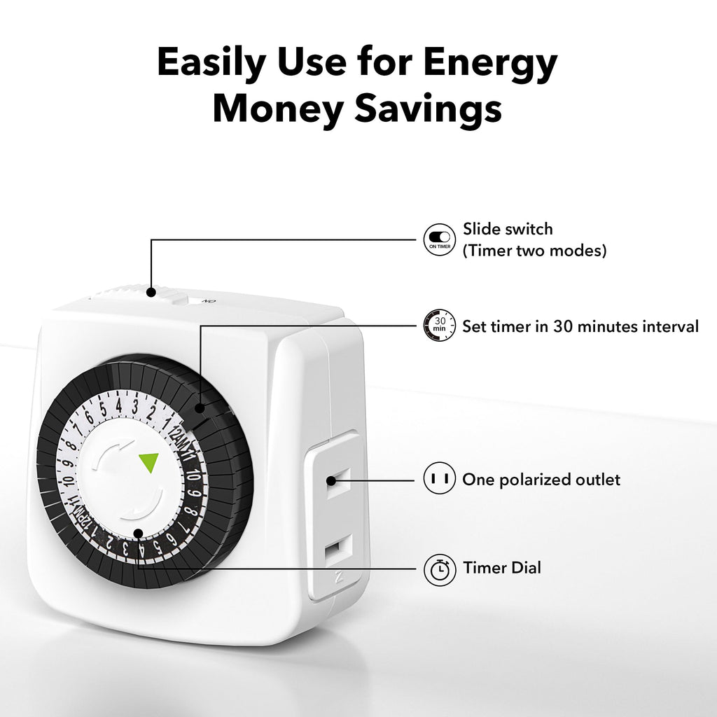 BN-LINK U47 Indoor Mini 24-Hour Mechanical Outlet Timer, 3-Prong, 2-Pack