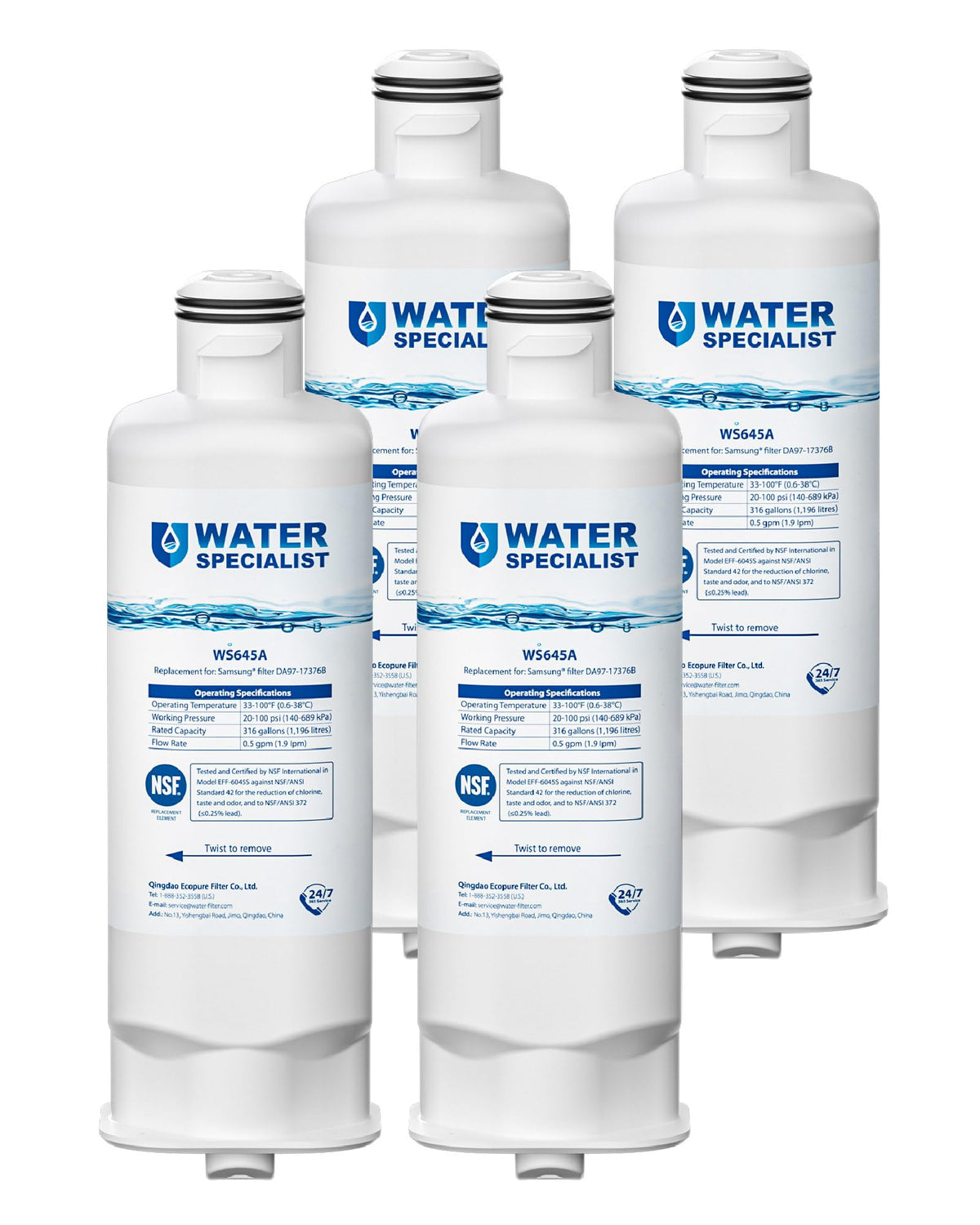 Waterspecialist WS645A Refrigerator Water Filter, Replacement for Samsung® DA97-17376B, HAF-QIN/EXP, HAF-QIN, RF28T5001SR, DA97-08006C, RS27T5200SR, RF28R7351SG, RF24R7201SR, RF27T5201SR, 3 Pack