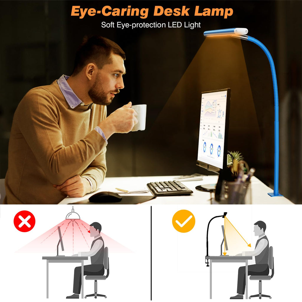 Airlonv LED Desk Lamp with Clamp, 17" Stepless Dimming Light, Black