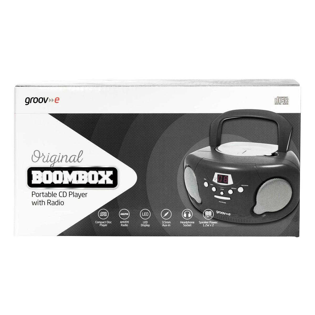 Groov-e Original Boombox - Portable CD Player with Bluetooth, Radio, 3.5mm Aux Port, & Headphone Socket - LED Display, 2 x 1.2W Speakers - Battery or Mains Powered - Blue