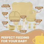 Yum Yum's Baby 10 Pcs Blue Weaning Set - Complete Toddler Feeding Kit w/Sectioned Plate, Suction Bowls, Cutlery with Mouth Guard, Straw Cup, Bib & Mat - Non-Slip - for Toddlers & Baby Gift
