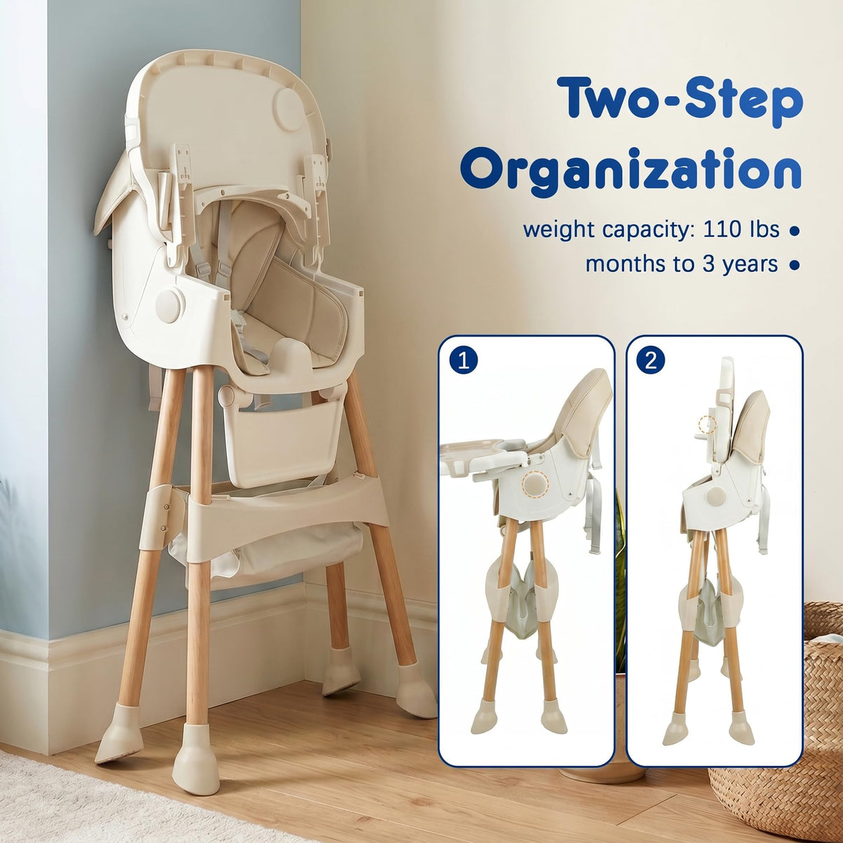 Baby High Chair Foldable Highchair, High Chairs for Babies and Toddlers Adjustable Height & Reclining Seat Detachable Double Tray, Ergonomic Feeding Portable Highchairs for Newborn 6 Months to 5 Years