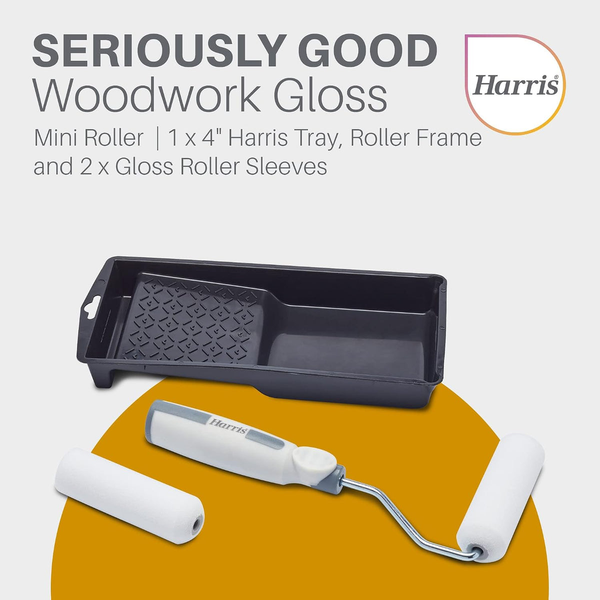 Harris Seriously Good Woodwork Mini Roller Set 4in, Tray, Roller Frame, Gloss Roller Sleeves