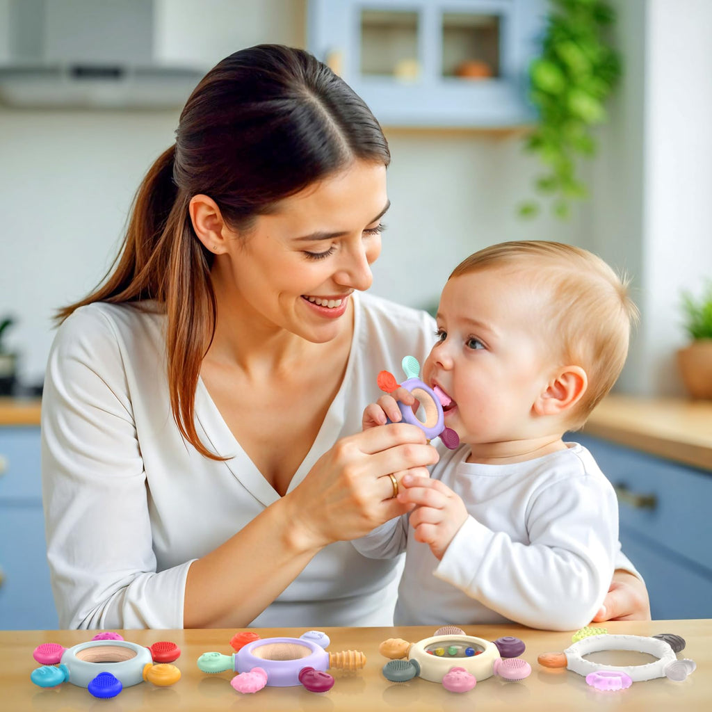 akolik Teething Toys for Baby,Teething Relief Teether Toys for Babies 3-6-12 Months, Silicone Sensory Wooden Teething Toys, BPA-Free,Baby Essentials for 3-6 Months Boy, Girl Toddlers