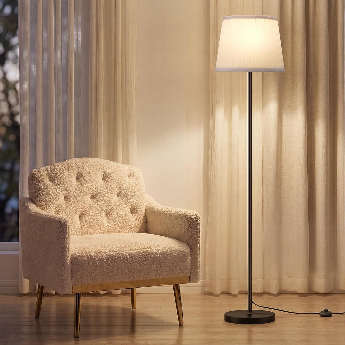 Ambimall Floor Lamp for Living Room with Smart Light Bulb, RGB + Stepless Dimmable Colors Temperature & Brightness(White Shade & Black Pole)