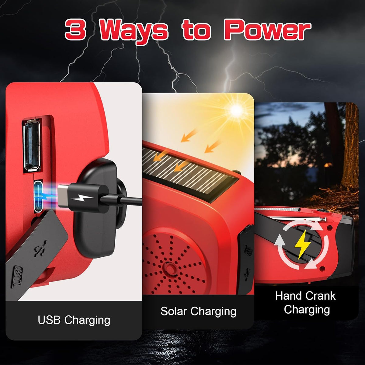 Wind Up Solar Radio, Emergency Radio, Portable Hand Crank Radio, AM/FM Radio with LED Torch, 7400mWh Rechargeable Power Bank, SOS Alarm, USB Phone Charger, Emergency Use for Camping Hiking (Red)