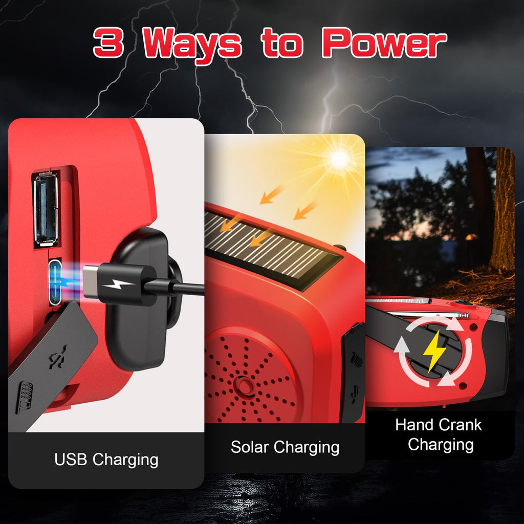 Wind Up Solar Radio, Emergency Radio, Portable Hand Crank Radio, AM/FM Radio with LED Torch, 7400mWh Rechargeable Power Bank, SOS Alarm, USB Phone Charger, Emergency Use for Camping Hiking (Red)