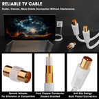 TV Aerial Cable 10m, 75 Ohm Coaxial Lead, IEC 9.5mm Male to Male 3C2V Pure Copper Dual Shielded, Right-Angle Connector, Female to Female Adaptor Included, Black