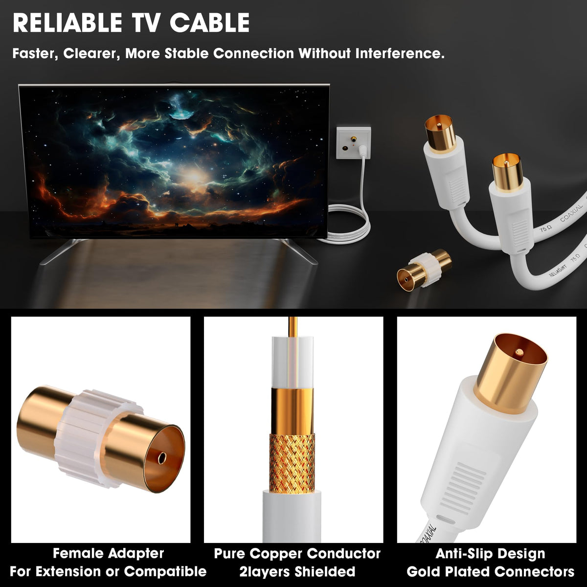 TV Aerial Cable 10m, 75 Ohm Coaxial Lead, IEC 9.5mm Male to Male 3C2V Pure Copper Dual Shielded, Right-Angle Connector, Female to Female Adaptor Included, Black