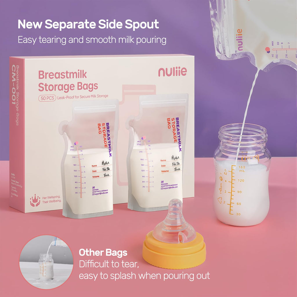 Nuliie 120 Pcs Breast Milk Storage Bags, 250ml BPA Free Milk Storage Bags with Pour Spout for Breastfeeding, Self-Standing or Flat Pre-sterilised Bag, Space Saving for Fridge or Freezer Use