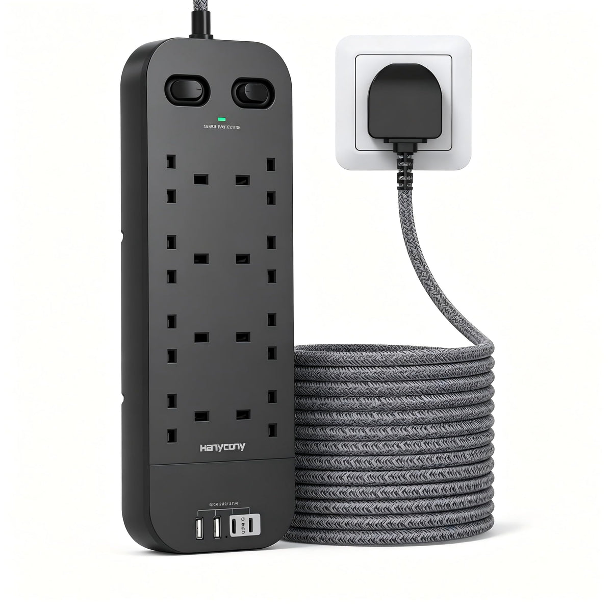Black Extension Lead, 8 Way Outlets Power Strip with 4 USB Slots (2 USBC)