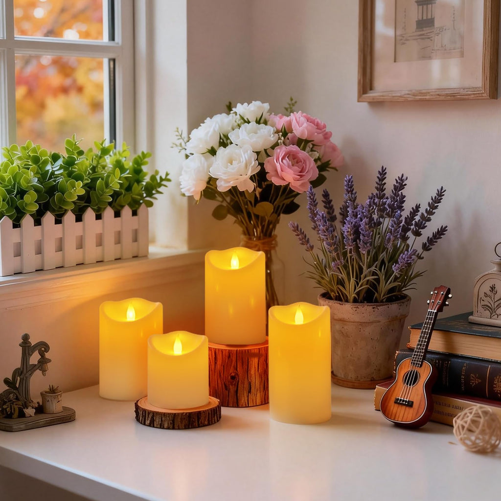 Outdoor Flameless Candles, Patented 3D Dual-LED, Set of 2 Slanted Plastic Pillars with Remote, Waterproof Non-Melting Battery Operated Decor for Bathroom Bedroom Gift, Black (D3 x H6)