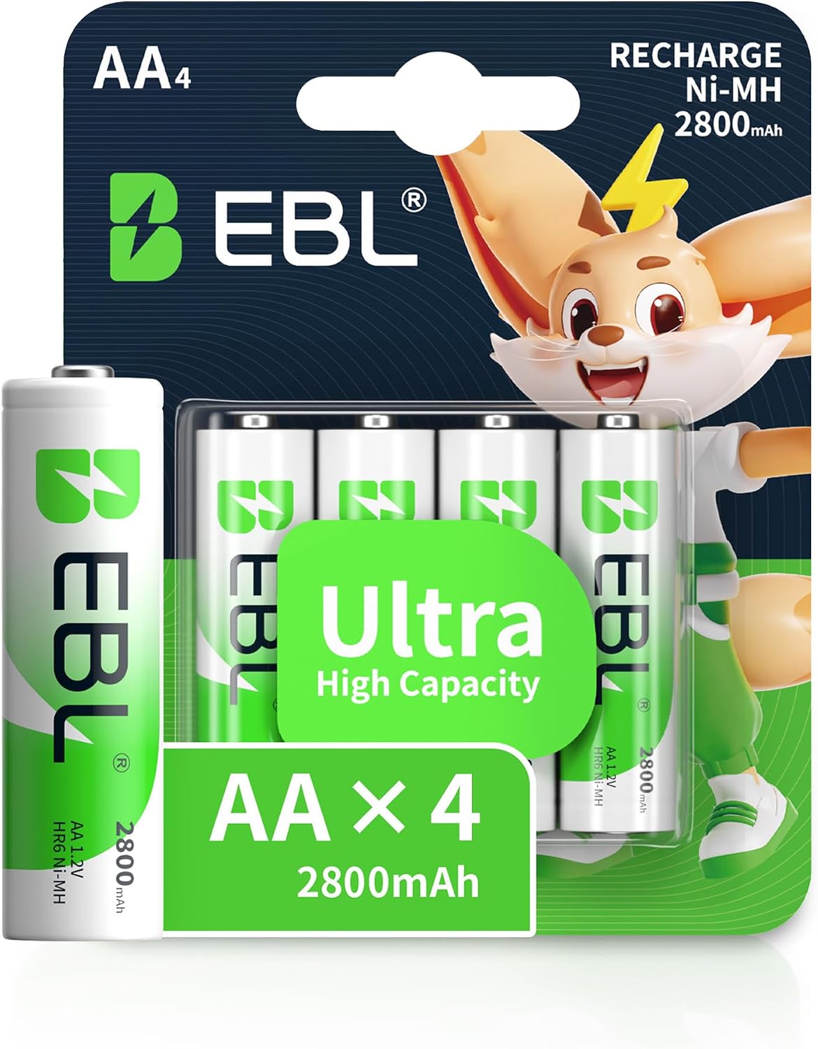 EBL High Capacity 2800mAh AA Rechargeable Batteries with New Retail Package [Pack of 4] (Packaging being updated)