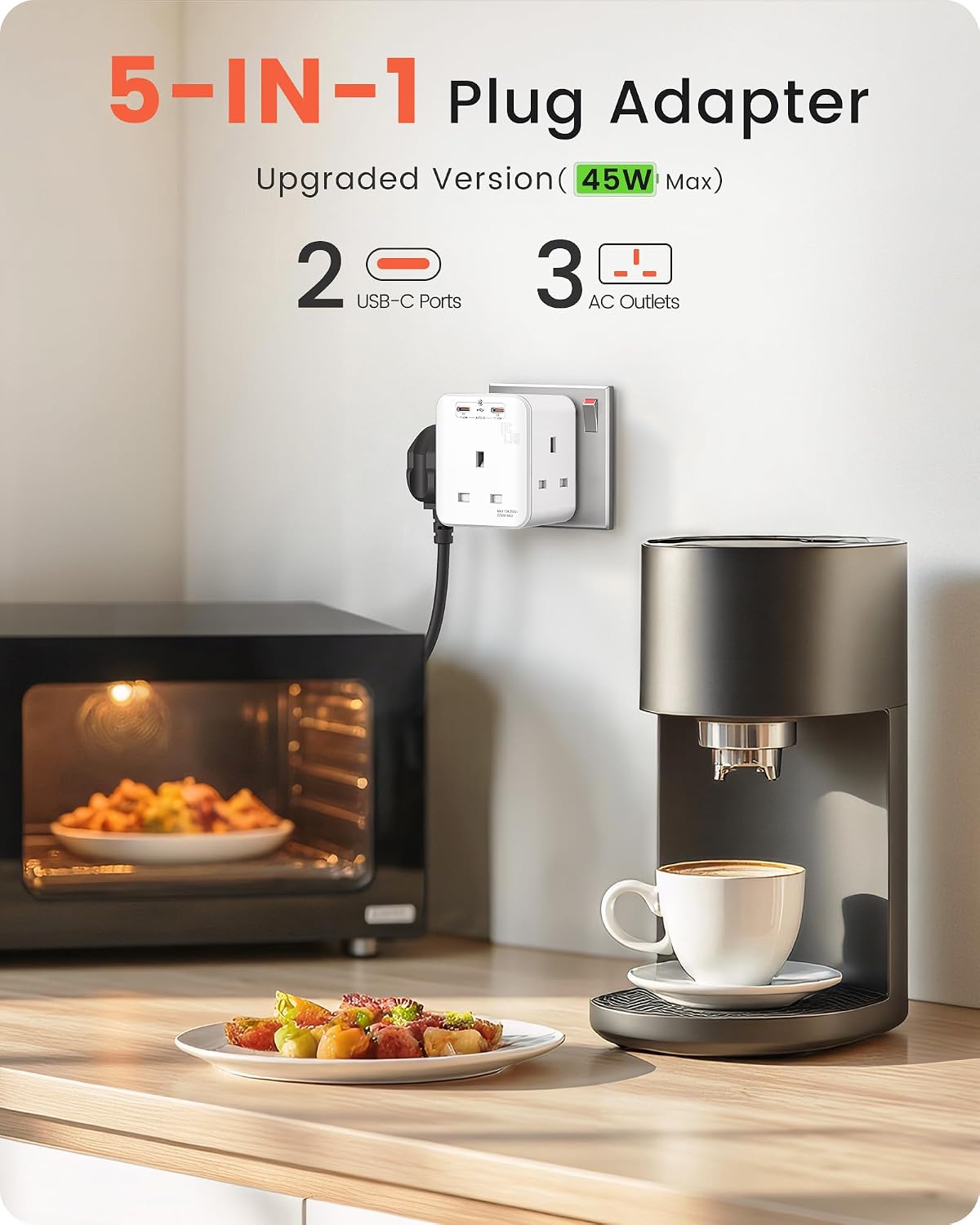 LENCENT 3 Way Plug Extension Socket with 2 Fast Charge USB, PD45W USB C