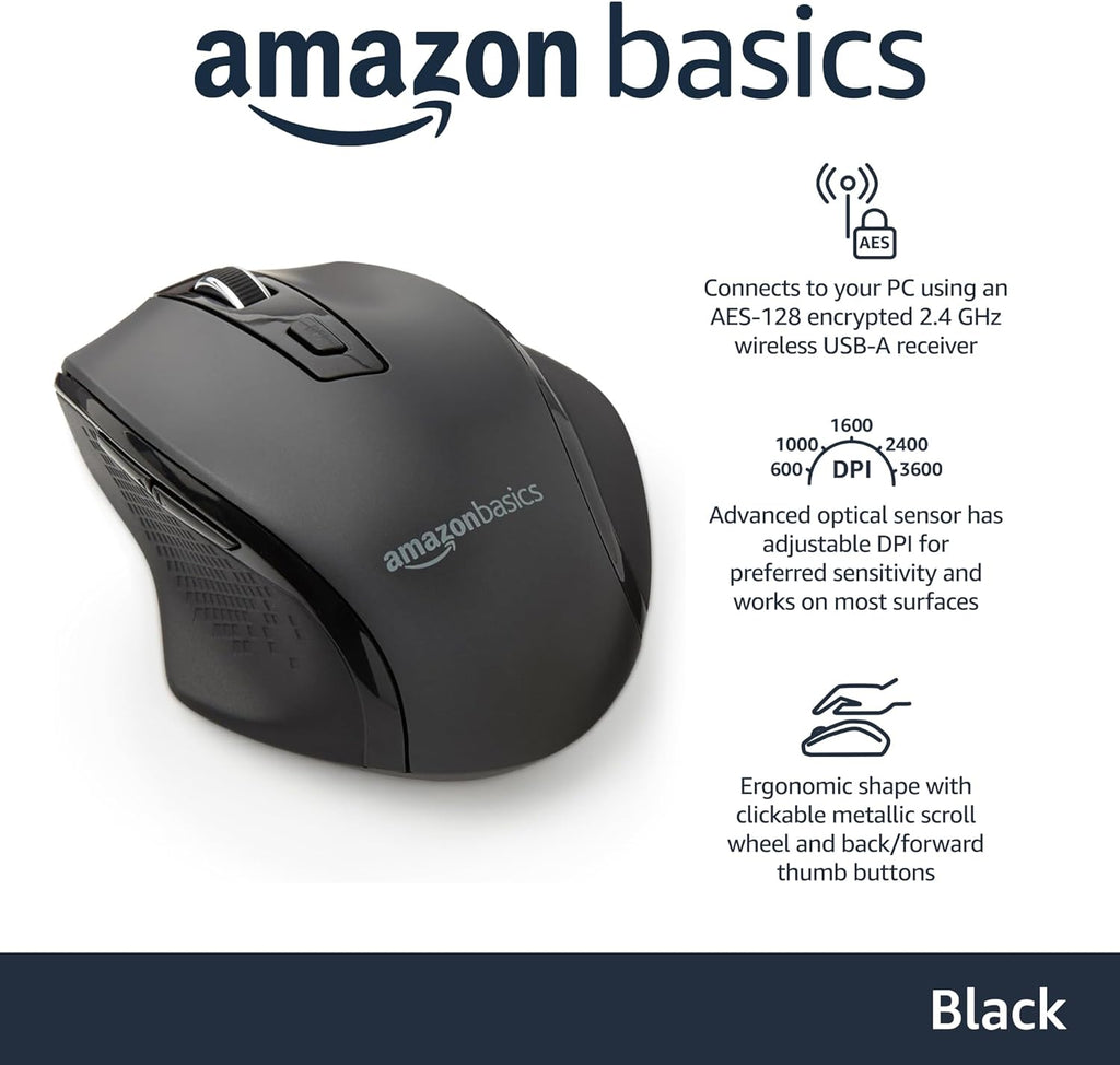 Amazon Basics Wireless Mouse, Ergonomic Mouse with Adjustable DPI 600-3600, 2.4 GHz USB Receiver for Home Office Laptop Desktop, Black