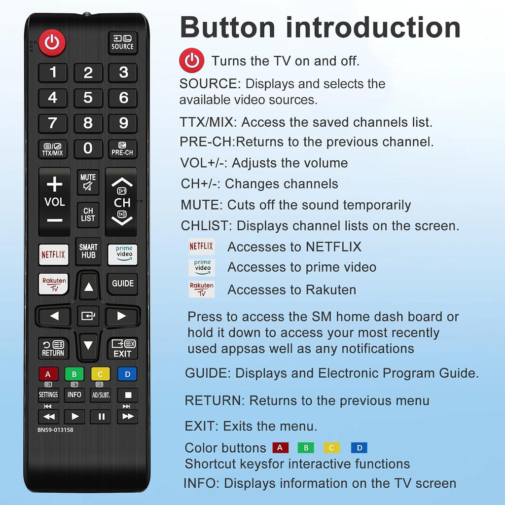 Samsung Universal TV Remote Control – Samsung TV Remote Replacement with Netflix, Prime Video, Rakuten Buttons for All S amsung LED QLED UHD 4K 8K Smart TVs
