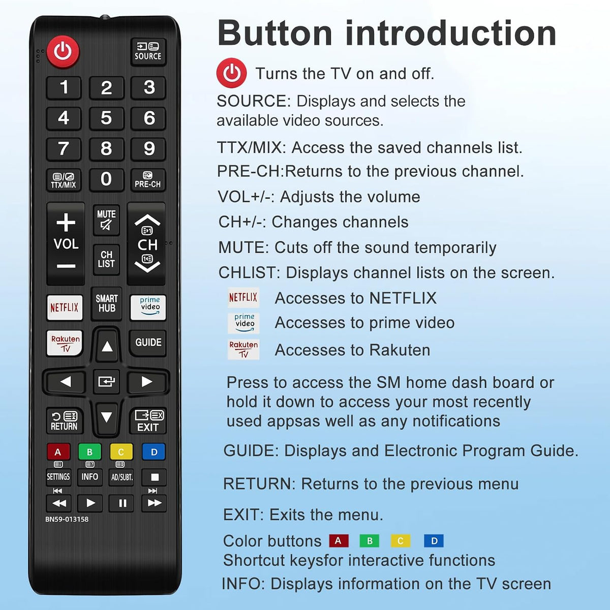Samsung Universal TV Remote Control – Samsung TV Remote Replacement with Netflix, Prime Video, Rakuten Buttons for All S amsung LED QLED UHD 4K 8K Smart TVs