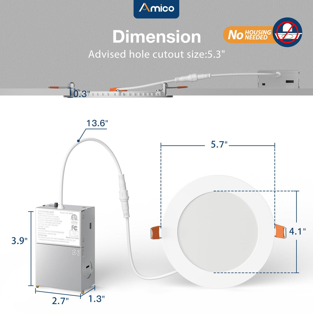 Amico 12 Pack 3 Inch LED Recessed Lighting, Canless Wafer Downlight, White