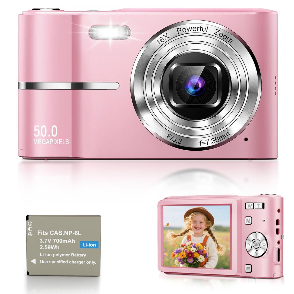 Digital Camera, 1080P FHD Vlogging Camera 50MP Compact Portable Photo Camera with 2.4" Screen, 16X Digital Zoom Mini Small Pocket Camera for Kids Students with 1 Battery, 16GB Card (Pink)