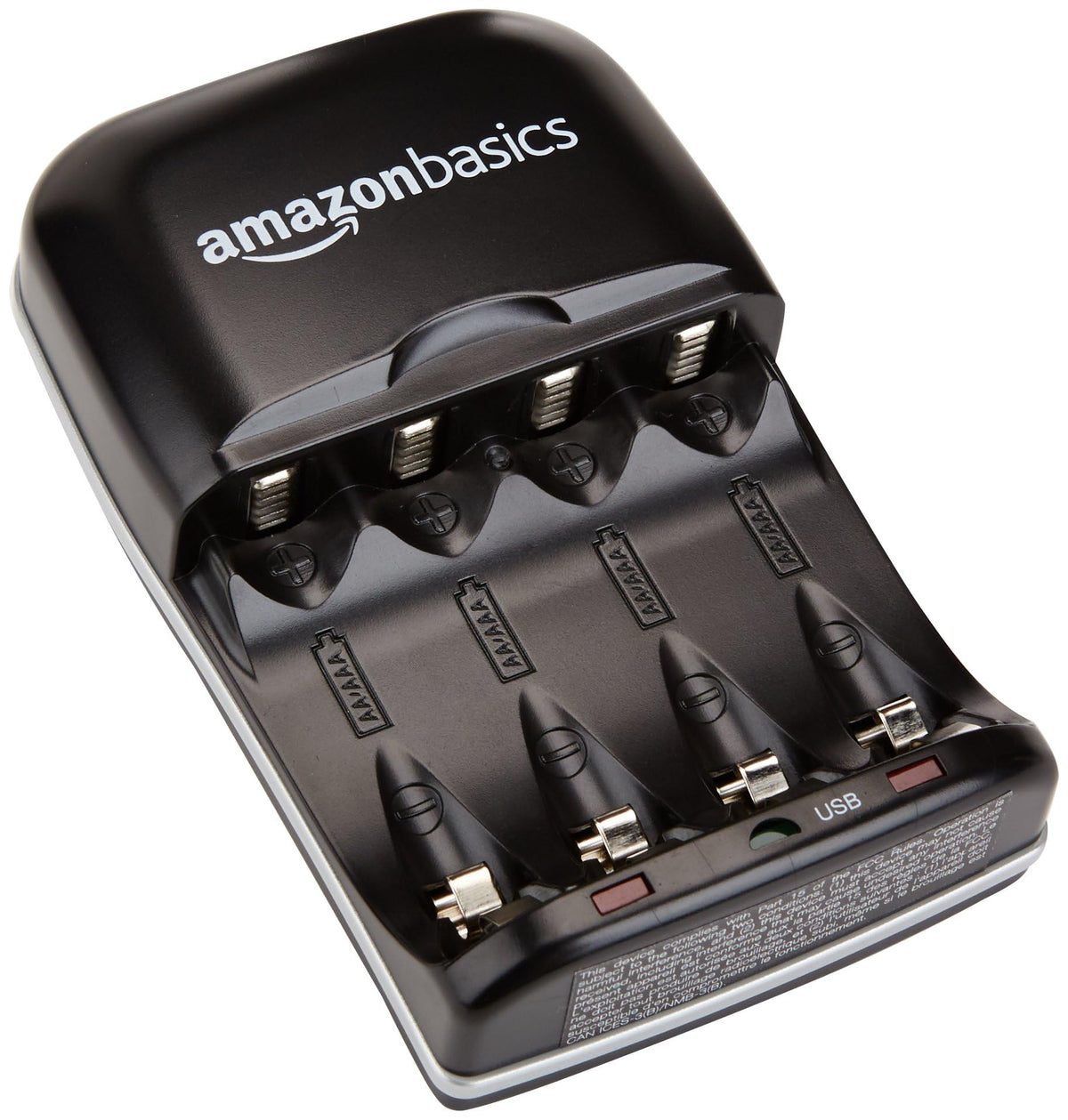 Amazon Basics Battery Charger for Rechargeable AA and AAA NiMh Batteries – UK Plug, 4-Bay, Black