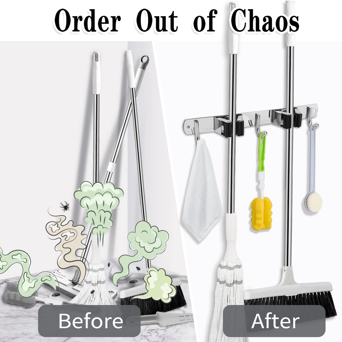 AceMining Broom Holder Wall Mount, 5 Racks 4 Hooks Heavy Duty Mop Organizer