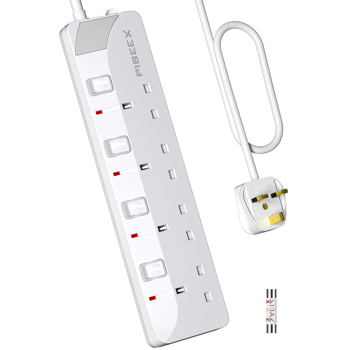 PIBEEX Extension Lead 2 Way Plug Sockets with Individual Switches Wall Mountable Power Strip 3M Extension Cable 13A Fused UK Plug 3250W
