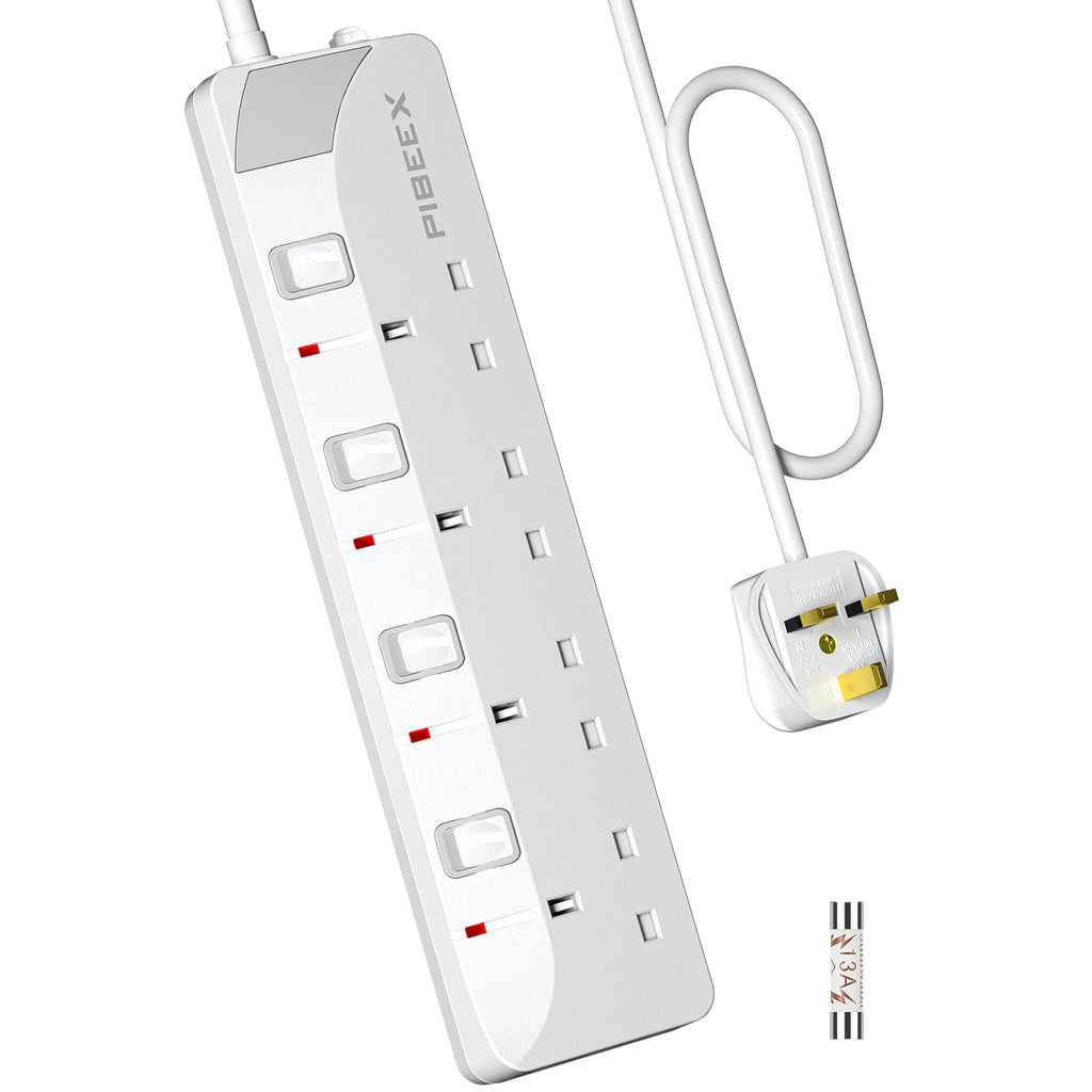 PIBEEX Extension Lead 2 Way Plug Sockets with Individual Switches Wall Mountable Power Strip 3M Extension Cable 13A Fused UK Plug 3250W