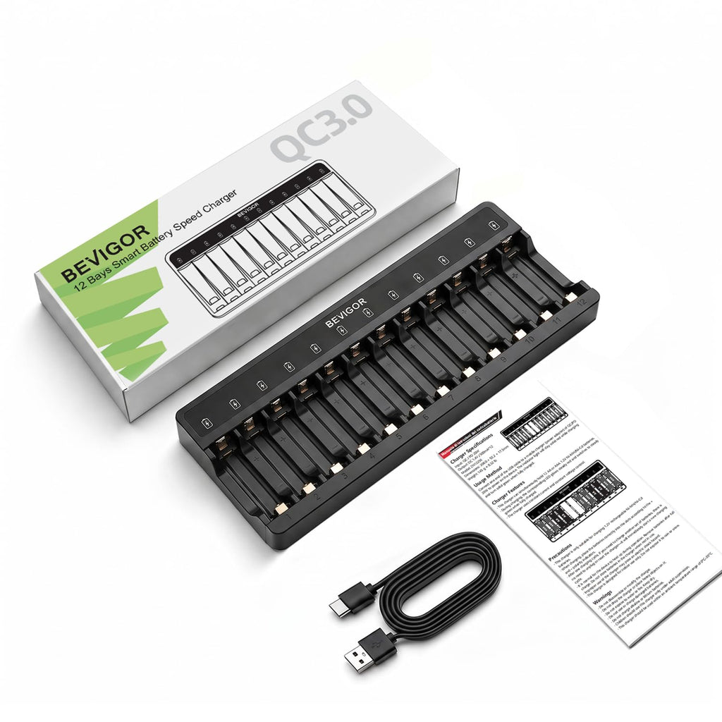 BEVIGOR 12 Slot Battery Charger with 12 Pack AA Rechargeable Batteries