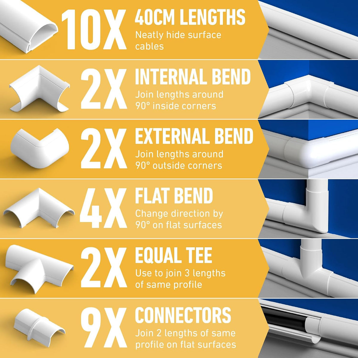 D-Line 30x15mm Cable Trunking 4m Multipack, Half Round Profile, Self-Adhesive Wire Cover, Paintable Cable Management - 10x 30mm (W) x 15mm (H) x 40cm Lengths and Accessories - Aluminium-Effect