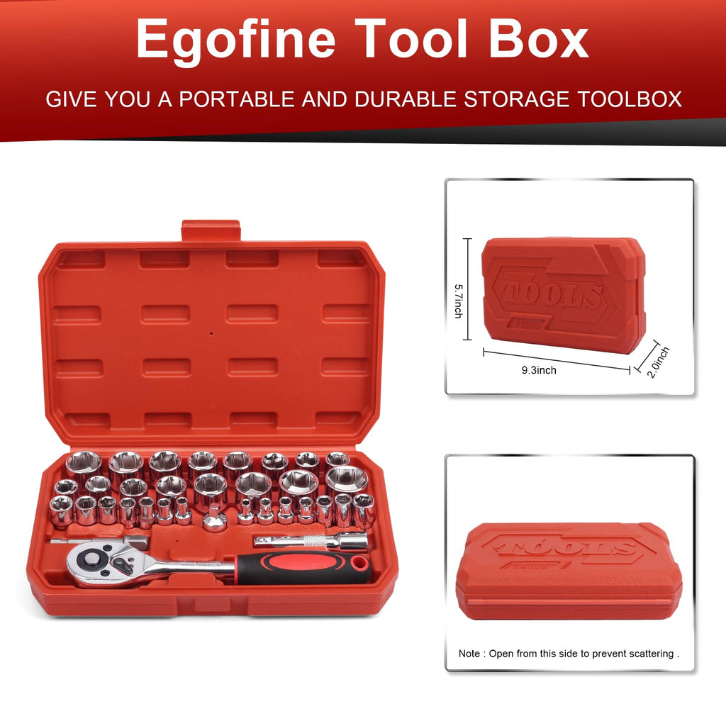 Egofine 46 Pieces 1/4 inch Drive Socket Ratchet Wrench Set, with Bit Socket Set Metric and Extension Bar for Auto Repairing and Household, with Storage Case