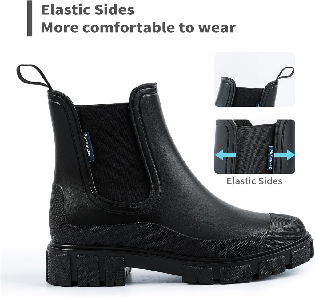 DRECAGE Wellies Boots Women Waterproof Short Chelsea Fashion Ladies Comfortable Rain Boots Outdoors Garden Walking