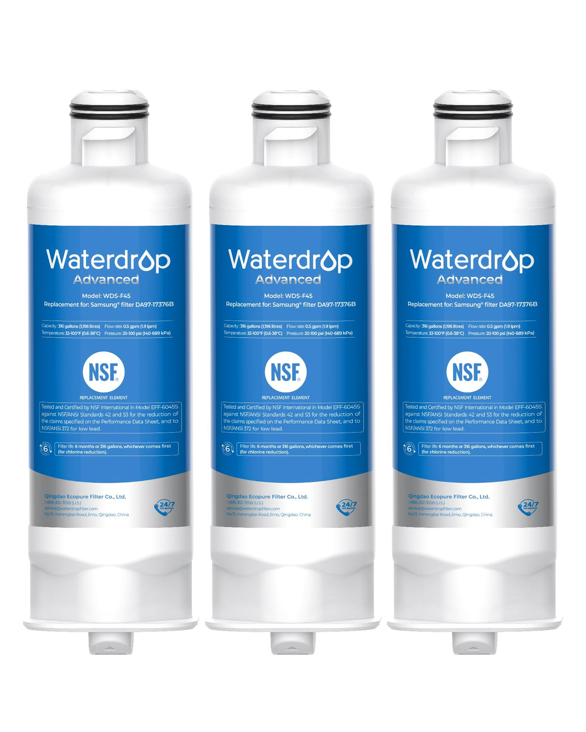 Waterdrop WD-F45 Water Filter, Replacement for Samsung® DA97-17376B, 3 Pack
