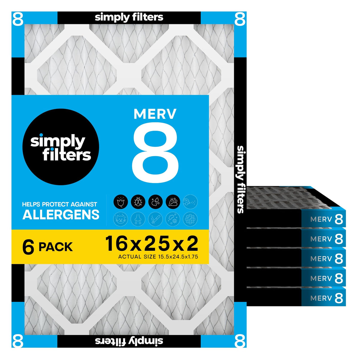 Simply 20x20x1 Air Filter, Merv 8, MPR 600, 6 Pack, Furnace Air Filter for HVAC (Actual Size: 19.75"x19.75"x0.75") DUST, Pet, & Allergy Control