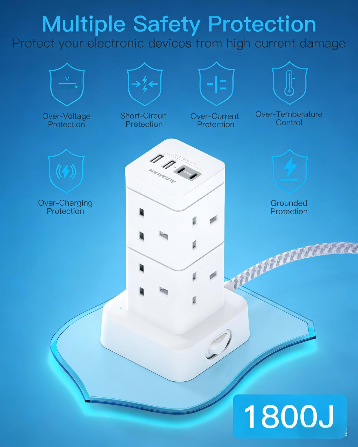 3M Tower Extension Lead with 2 USB C Slots, 8 Way Outlets Power Strip, 10Ft