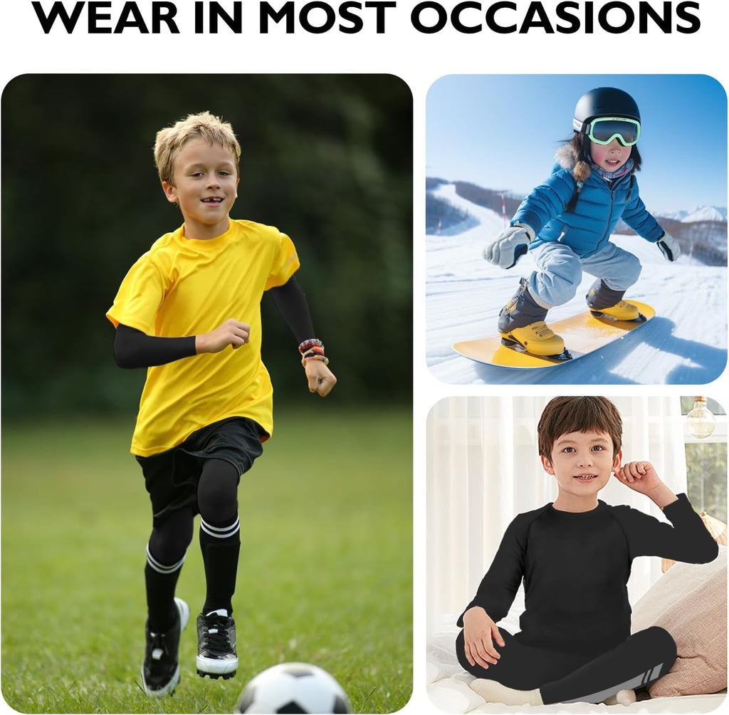 Kids Base Layer - Fleece Lined Athletic football skins, Warm Football Skins Long Sleeve Top and Leggings Compression Set, Reflective Line Thermal Underwear for Biking, Ski & Running