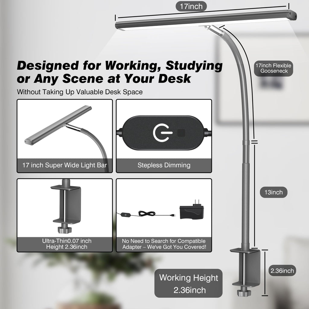 Airlonv LED Desk Lamp with Clamp, 17" Stepless Dimming Light, Black