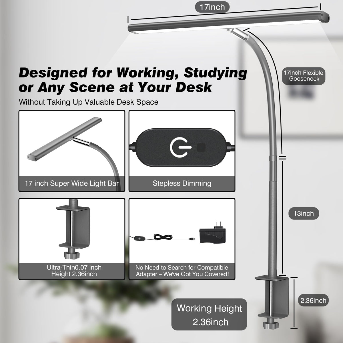 Airlonv LED Desk Lamp with Clamp, 17" Stepless Dimming Light, Black